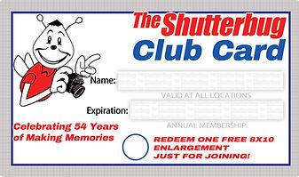 Shutterbug Club card featuring logo and text: Celebrating 54 Years of Memories. Redeem one free 8x10.