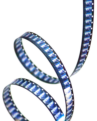 Coiled film strip with blue and white frames against a white background.