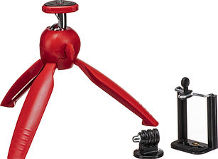 Red tripod and accessories; theshutterbug for mounting cameras and phones.