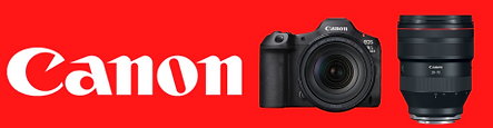 Canon logo, camera, and lens on a red background, theshutterbug.